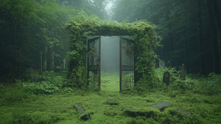 An old, moss-covered cemetery gate stands open, a serene portal to reflection Nature reclaims this forgotten place, inviting contemplation The weathered gate, adorned with green growth, beckons exploration of the tranquil beauty within, where time and life intertwine in a mystic embrace AI Generativeの素材