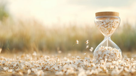 A symbolic hourglass fills with falling petals, representing mourning and time's relentless flow Delicate blooms descend like sand, highlighting life's fragility This evocative image blends nature and mortality, depicting the beautiful, transient dance between life and its ending AI Generativeの素材