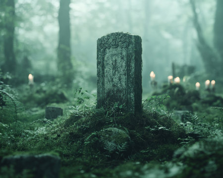 Twilight descends on a sacred cemetery, candles dancing around an ornate tombstone An enigmatic ritual unfolds, ancient practices stirring a profound sense of devotion and mystery Ethereal and solemn, the scene pulsates with reverence and otherworldly energy, where spiritual realms converge AI Generativeの素材