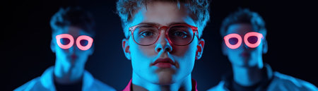 Three students in pink-rimmed glasses and lab coats stand bathed in blue light against a black backdrop Their forward gaze and close proximity suggest a collaborative science or tech project, perhaps a presentation or research endeavor Innovation and education blend seamlessly in this dynamic scene of teamwork AI Generativeの素材