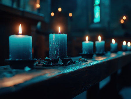 Experience the tranquil beauty of a candlelit church pew Soft light and dancing shadows evoke peace and reverence, ideal for contemplative backgrounds Time slows in this hallowed space, where gentle illumination inspires quiet reflection and solace Perfect for religious and interior design themes AI Generativeの素材