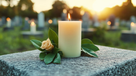 Witness the serene beauty of a candlelit memorial in a quiet cemetery Delicate glows symbolize peace and remembrance These poignant images capture the solemnity of the occasion, inviting reflection and honoring loved ones Bathed in soft, flickering light, twilight descends, revealing the tranquil atmosphere of this sacred place Discover the AI Generativeの素材