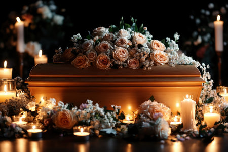 Experience a poignant funeral tradition: an open wooden coffin amidst ornate flowers, candles, and mourning cloth Witness heritage honored through somber rituals, the warm candlelight illuminating deep emotion This respectful depiction captures a cultural moment, revealing the legacy and profound grief through thoughtful arrangements AI Generativeの素材