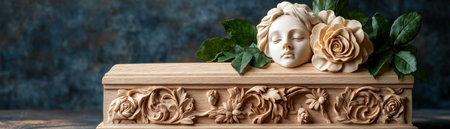 A wooden coffin lid, adorned with delicate rose carvings and a serene angel figure, rests beside the coffin This image embodies eternal beauty in funerary art, showcasing intricate craftsmanship and remembrance It's a tribute to the departed, a symbol of heritage, and a stunning piece within memorial traditions AI Generativeの素材