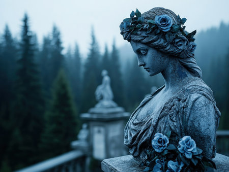 A fog-shrouded memorial statue evokes somber beauty Stone meets mist in a poignant tribute, its weathered features veiled The ethereal image invites quiet contemplation, surrounded by mystery and trees Serene yet haunting, this sculpture inspires reflection AI Generativeの素材