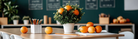 A vibrant classroom bursts with creativity, featuring unique ruler designs, learning essentials, and colorful backdrops Oranges, plants, and stationery enhance the positive atmosphere An organized desk promotes effective studies alongside a teacher's workspace, creating an inspiring space ready for lessons and engaging learning adventures AI Generativeの素材