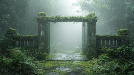 Gaze through an open, moss-laden cemetery gate, shrouded in fog Lush greenery frames this ancient entrance, hinting at untold stories This ethereal photograph evokes serenity and mystery, perfect for contemplation, inspiration, or a haunting book cover Discover the enigmatic beyond AI Generativeの素材