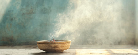 Gentle incense smoke spirals in a minimalist temple, a serene symbol of remembrance and spirituality This peaceful image evokes contemplation, perfect for memorials or personal reflection Subtle textures and soft lighting enhance the somber yet comforting spiritual ambiance Ritual smoke offers a tranquil tribute AI Generativeの素材