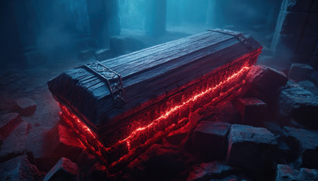Descend into a shadowy crypt where a striking gothic wooden coffin commands attention Its sharp angles and ornate details are bathed in an eerie red glow, creating a captivating scene of beauty and dread The somber atmosphere and intricate craftsmanship make this unforgettable image perfect for gothic and fantasy themes AI Generativeの素材
