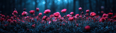 Enter a magical garden where vibrant red flowers bloom under enchanting light This secret haven sparks imagination and dreams, filled with playful fantasy Explore this beautiful, natural space and let its magic transport you Feel the joy of discovery in this captivating, wonder-filled world AI Generativeの素材