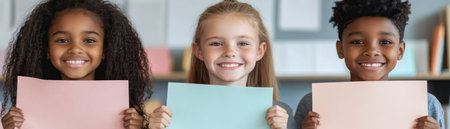 Bright, smiling children proudly display colorful paper in a classroom, radiating back-to-school excitement and educational enthusiasm These joyful images capture the essence of a positive, inspiring learning environment where kids feel welcomed and ready for a new school year Perfect for showcasing teacher-led activities and the joy of learning AI Generativeの素材