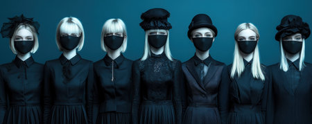 Seven students in sleek, black, futuristic uniforms stand in line against a cyan backdrop Their sharp, metallic-sheened outfits and enigmatic black face masks hint at advanced education trends The dark attire contrasts the bright background, highlighting a modern, almost sci-fi approach to learning and attire AI Generativeの素材