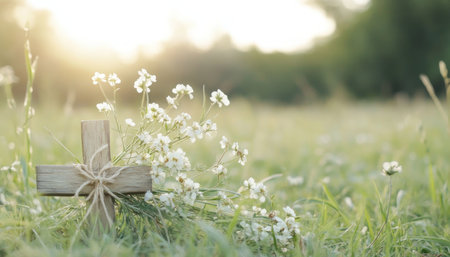 Our rustic wooden cross, adorned with hand-tied flowers, offers a heartfelt tribute in a vibrant meadow Symbolizing respect and remembrance, it's perfect for funerals or memorials This image captures solace and tranquility, making it a meaningful expression of loss AI Generativeの素材