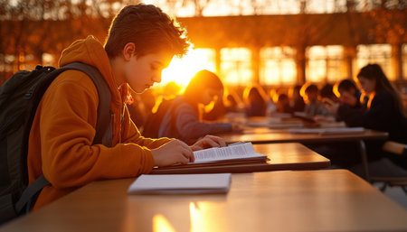 This image showcases outdoor education, with students collaboratively problem-solving in a bright, sun-lit setting Focused and engaged, the team is reading books, reflecting a student-centric learning environment It's a great visual for educational materials, highlighting teamwork and engagement outside the traditional classroom AI Generativeの素材
