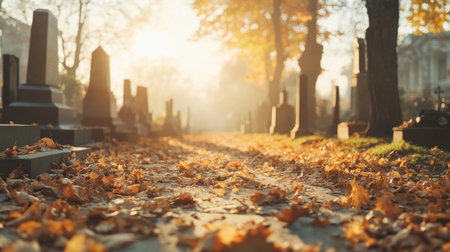 Discover a tranquil cemetery where modern memorials rest amidst a golden autumn landscape Fallen leaves paint a colorful carpet, while sunlight streams through the trees, creating a serene, contemplative atmosphere This peaceful setting, ideal for meditation and remembrance, blends natural beauty with solemn reflection AI Generativeの素材