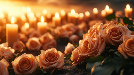 A serene memorial altar, aglow with candles and soft peach roses, offers a poignant tribute This artistic depiction evokes remembrance and peace, its gentle light illuminating each detail Discover solace in this solemn, symbolic artistry, a visual poem speaking to the heart with ceremonial grace AI Generativeの素材