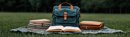 Escape into nature with this tranquil image: backpacks and books rest on a picnic blanket in a sunny meadow Discover the joy of outdoor learning, blending leisure with study Find inspiration and peace amongst nature's beauty, perfect for students, readers, and nature lovers seeking an elevated learning experience AI Generativeの素材
