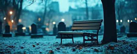 A solitary wooden bench awaits in a secluded graveyard, where evening lights cast a soft glow Here, time slows, prompting reflections on funeral customs, grief, and loss Solitude offers a pathway to contemplation and peace within this tranquil, somber yet beautiful setting, allowing for self-reflection AI Generativeの素材