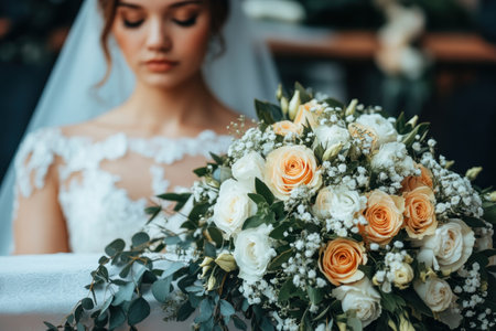 This elegant portrait captures a bride with roses and baby's breath, embodying love and wedding joy The image's beauty, with its gorgeous floral arrangement, evokes a sense of honor and respect, making it suitable for tribute tables and memorial settings, where fresh flowers symbolize remembrance AI Generativeの素材