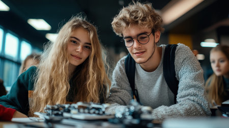 Witness teamwork and innovation in action! These images capture students collaborating, fostering creativity and problem-solving through mutual support Explore visual stories of engaged learning, showcasing academic projects designed for growth See how students learn together, highlighting the power of academic collaboration AI Generativeの素材