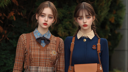 Explore cozy, earth-toned school uniforms crafted from soft wool fabrics Discover coordinated student outfits in brown and blue, showcasing unity and comfort Find inspiration for warm, academic wear that emphasizes a unified aesthetic Get school uniform ideas with these comfortable, soft textured outfits AI Generativeの素材