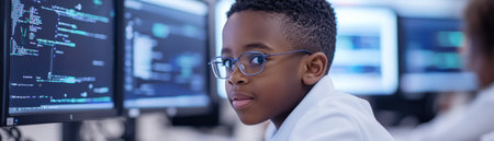 Witness the future of education: students using digital devices to explore coding, software, and innovation Technology-enhanced learning fosters critical thinking and collaboration in learning labs and coding classes Modern tools empower children and drive academic growth in innovative classroom environments AI Generativeの素材