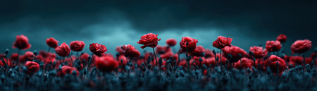 Witness floral tributes on a windswept hill, where red poppies dance against a moody blue backdrop These images blend mourning with nature, offering peace and remembrance Ideal for memorial projects, contemplative art, and nature collections, these scenes provide solace in nature's beautiful farewell AI Generativeの素材