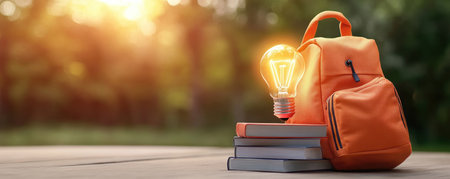 A detailed backpack drawing, overflowing with books, holds a glowing lightbulb, symbolizing knowledge and innovation This vibrant image embodies creativity, learning, and back-to-school readiness It represents bright ideas, intellectual growth, and the enlightening path of education, perfect for students, teachers, and educational illustrations AI Generativeの素材