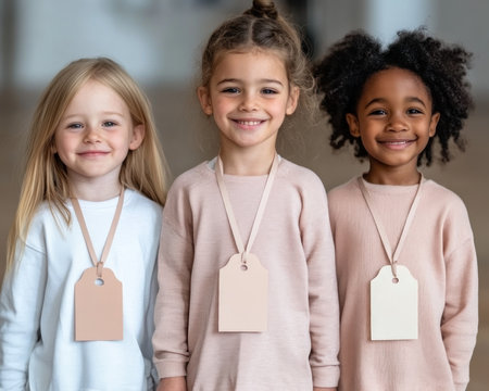 Capture the joyful first day of school with vibrant classroom photos showcasing children proudly displaying handmade name tags These personalized badges foster interaction and belonging, creating treasured memories The crafts encourage self-expression, making it a great start to learning and developing as each child's unique identity shines AI Generativeの素材