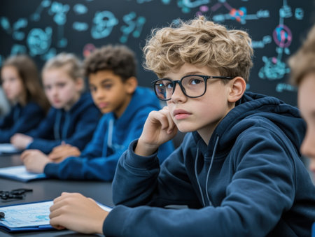 Witness a dynamic classroom where students actively collaborate on an innovative, tech-driven project The vibrant setting fosters teamwork and creativity as young minds engage in modern learning Observe their participation, using modern tools to further enhance classroom experiences AI Generativeの素材