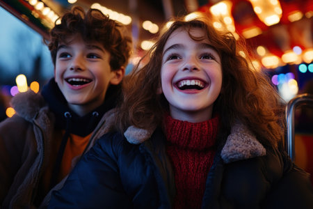 Witness pure childhood joy as kids laugh on a spinning carnival ride, bathed in bright, dazzling lights Colorful surroundings enhance the magical moment, reflecting in their smiling eyes This is a perfect snapshot of family fun, creating cherished, unforgettable memories A celebration of happiness and delight AI Generativeの素材