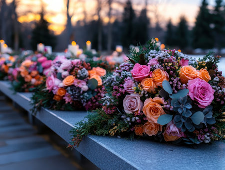 Ornate wreaths, symbols of love, grace cultural festival displays honoring departed loved ones This solemn, spiritual remembrance blends tradition and comfort, showcasing cultural heritage Funeral rituals, displayed beautifully, offer hope and healing, highlighting human connection during a thoughtful, memorial event AI Generativeの素材