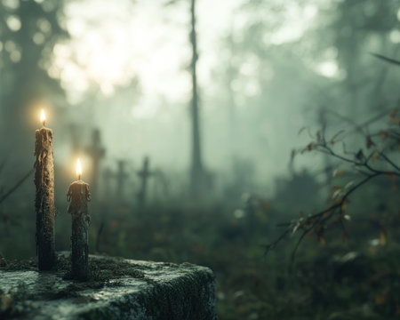 Flickering candles illuminate an ornate tombstone in a foggy cemetery, capturing a mystical ritual Crosses and gravestones dot the scene, evoking ancient tradition and spiritual connection Glowing flames pierce the gloom, amidst woodland, suggesting solemn remembrance, peace and wonder Explore the timeless power of ritual AI Generativeの素材