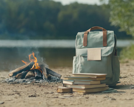 A backpack brimming with books sits beside a crackling campfire, nestled in a tranquil landscape This scene captures the essence of adventure, blending exploration with learning It ignites a passion for travel and knowledge, a visual story of discovery fueled by both wanderlust and intellectual curiosity AI Generativeの素材