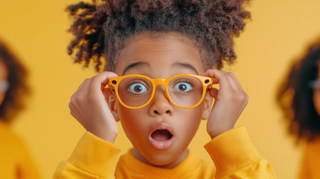 This vibrant image captures the joy of first-day-of-school children experiencing clear vision with new glasses Guided by their teacher, they discover the world anew Focusing on eye care's impact on learning, the scene highlights the positive role of corrective lenses and supportive educators, all in bright, colorful visuals AI Generativeの素材