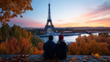 Evoke Parisian romance with this image: a couple shares a tender moment on a balcony, the Eiffel Tower softly gleaming behind them Golden hour light casts a magical, romantic glow, perfect for wallpaper or inspiration This scene beautifully captures love, travel, and the timeless allure of Paris, making it a AI Generativeの素材
