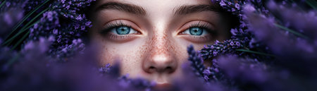 Luminous blue eyes emerge from a frame of vibrant lavender, a captivating portrait of serenity The close-up shot blends delicate human beauty with floral elegance Though not lovers amidst the purple haze, this intimate composition remains stunning and enchanting AI Generativeの素材