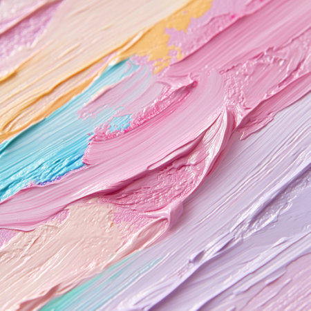 This artwork is a vibrant, abstract dreamscape Soft pastel brushstrokes create a colorful, calming texture, evoking joy Light and airy, the piece blends creativity and happiness, with paint texture visible up close Perfect for wallpapers and digital art, it's a tranquil escape AI Generativeの素材