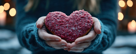 A romantic Valentine's scene: softly lit candlelight illuminates hands holding a heart-shaped cookie This sweet, gentle gesture embodies love and affection, emphasizing the beauty of simple, heartfelt presents Evoking warmth and tenderness, it's perfect for creating a memorable, loving moment this Valentine's Day AI Generativeの素材