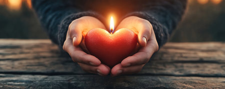 Capture love's warmth with this close-up image of hands lighting a heart-shaped candle The soft glow embodies Valentine's Day and tender affection Perfect for designs focused on love, relationships, and heartfelt moments, the symbolic candlelight evokes romance, intimacy, and cherished connections AI Generativeの素材
