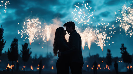 A couple's love ignites under a starry sky, mirrored by vibrant fireworks This breathtaking image captures their deep connection during a festival, sparking joy and wonder It's a moment of shared magic, perfect for romantic projects, evoking feelings of passion and shared celebration AI Generativeの素材