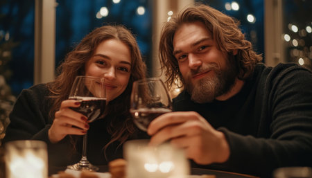 This image captures a sophisticated date night: an elegant couple toasting with wine in soft, dim lighting Radiating warmth and intimacy, it embodies modern romance and celebration Perfect for lifestyle, design, or romance projects, it conveys love, happiness, and the special moments of contemporary couplehood with abundant sophistication AI Generativeの素材