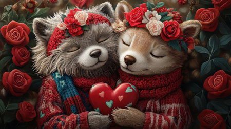 A whimsical Valentine's card bursts with cheerful animal characters, vibrant red roses, and a heart-shaped treat The design, playful yet sophisticated, evokes love and affection This enchanting image captures the essence of romance, a perfect reminder of Valentine's Day joy and tenderness AI Generativeの素材