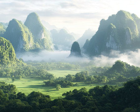 Immerse yourself in Thailand's tranquil rural beauty Lush mountains frame vibrant rice paddies where farmers harmoniously harvest their crop Witness breathtaking Southeast Asian landscapes, capturing the essence of rural life and agriculture's spirit This scenic view depicts Thai farmers at work amidst picturesque nature AI Generativeの素材