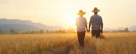 Experience Thailand's serene beauty as silhouetted farmers grace golden fields during a breathtaking sunset Rural life transforms into art under the warm, ethereal light Witness the elegant labor and rich textures of a Thai farm at dusk, a truly captivating visual feast AI Generativeの素材