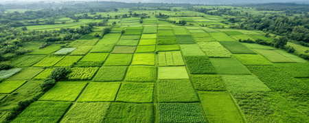 Witness a stunning aerial view of diverse cash crops, where geometric farmland patterns showcase meticulous agricultural design Fields in varied greens form a beautiful rural patchwork, demonstrating efficient crop rotation This carefully cultivated landscape exemplifies human interaction with nature, highlighting the beauty and efficiency of agricultural practices AI Generativeの素材