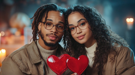 This Valentine's Day photo captures a couple's romantic intimacy as they paint heart shapes by candlelight The warm glow creates a magical atmosphere perfect for expressing love and creative bonding It's a heartfelt scene showcasing a special holiday moment and the essence of romance AI Generativeの素材