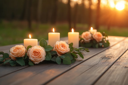 Experience romantic elegance with our imagery of a sophisticated table setup Soft tones, candles, and delicate flowers create a serene, timeless beauty perfect for weddings, styled shoots, or event planning Explore enchanting candlelit scenes and refined details for captivating inspiration This harmonious arrangement exudes a romantic ambiance AI Generativeの素材