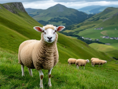 Witness sustainable livestock farming in this idyllic image Rolling green hills host grazing sheep, showcasing responsible agriculture and ecological balance Explore nature's beauty and harmonious coexistence between animals and the environment Discover eco-friendly farming practices in this serene countryside scene, where landscape and livestock thrive together AI Generativeの素材