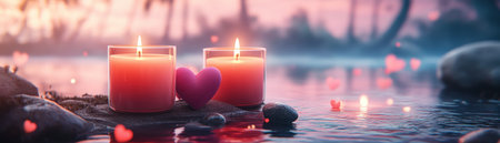 Imagine a tranquil Valentine's: heart-shaped candles float on calm water, their gentle glow illuminating a couple by the shore This romantic scene creates the perfect, soft ambiance for a special evening Share the love and enjoy this peaceful, glowing setting with your beloved AI Generativeの素材
